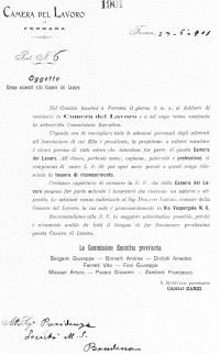 Camera del Lavoro di Ferrara, Lettera circolare, 23 giugno 1901