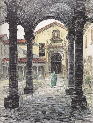 Dora Noyes (Harrow, Middlesex, 1864 – Sutton Veny, Wiltshire 1960), Ingresso all’Ospedale Sant’Anna, 1904; china e acquerello su cartoncino, mm 375 x 284; Londra, collezione privata
