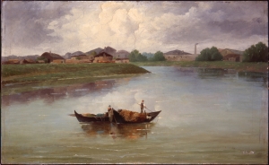 Augusto Droghetti (Ferrara 1844 – 1918), Paesaggio del Po con barche; olio su cartone, cm 34 x 56